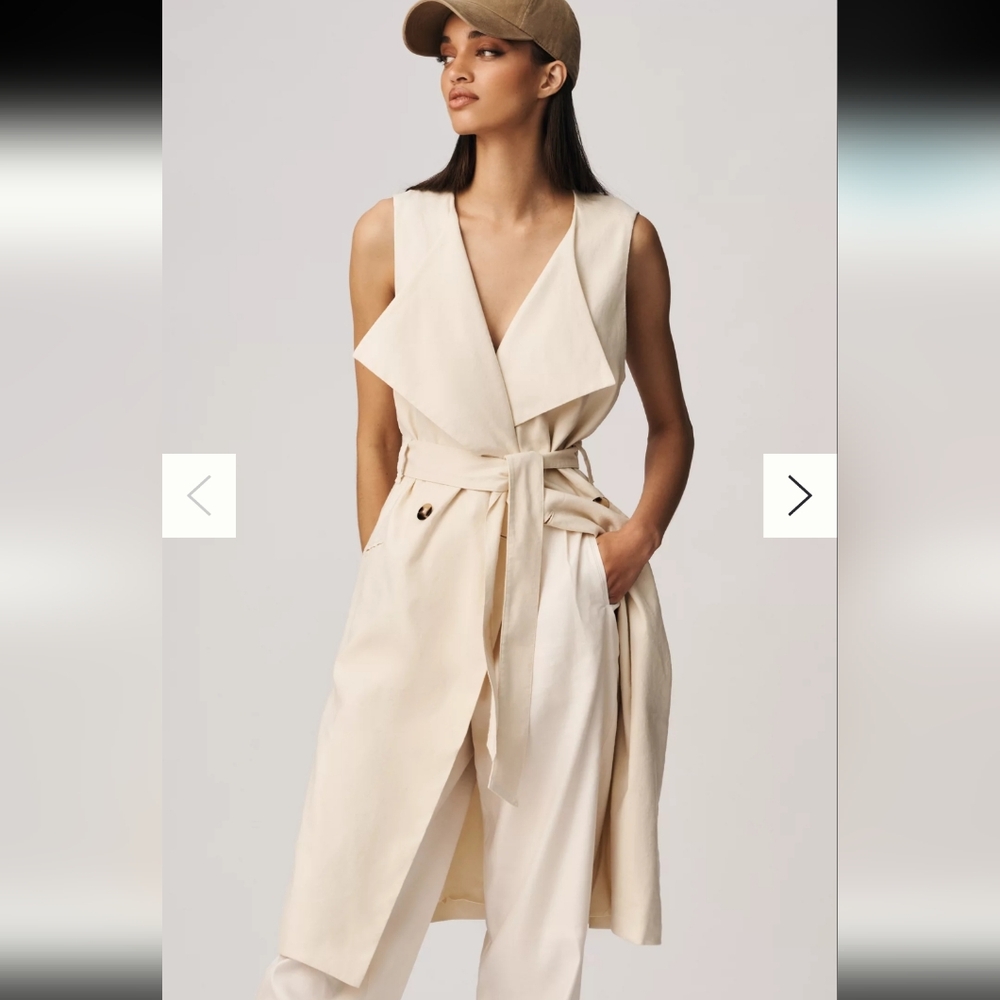 Anthropologie Maeve Longline Linen Vest Beige Cream Belted Size Large Lagenlook